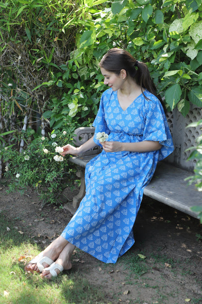 Mousha Blue Hand Block Printed Ankle Length Cotton Kaftan