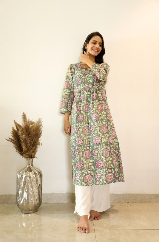 Kayra Hand block Printed Cotton Gathered Kurta