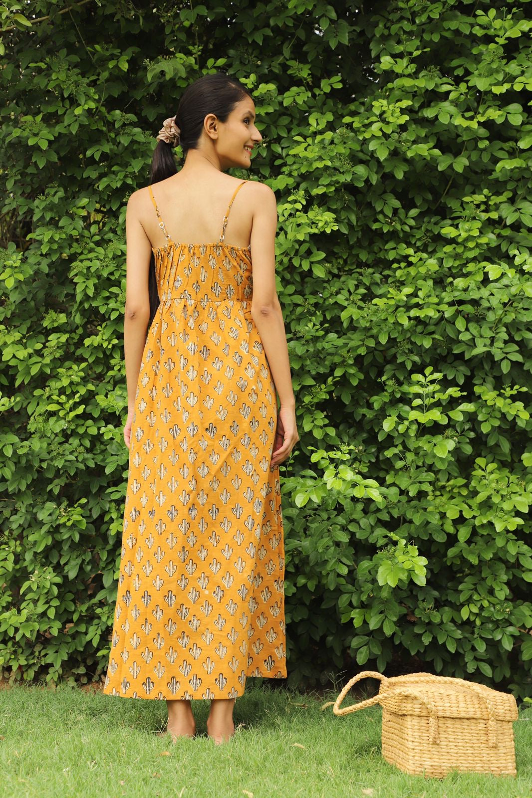 Lemon Curry Hand Block Print Gathered Dress