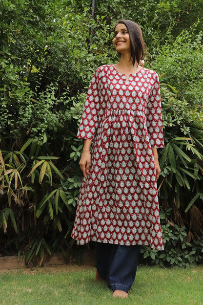 Hawthorne Rose Hand Block Long Gathered Kurta