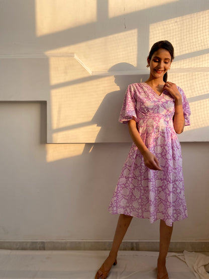 Sunshine Hand Block Printed Frill Sleeve Cotton Dress