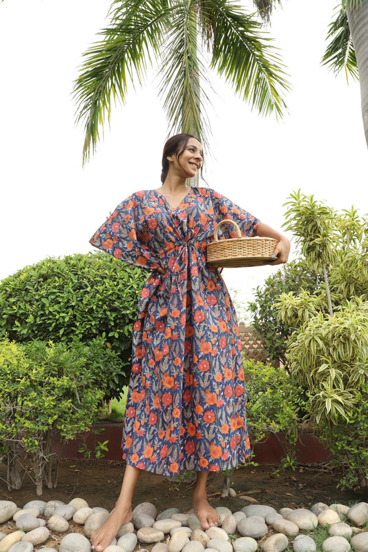 Foliole Ankle Length Handblock Print Kaftan