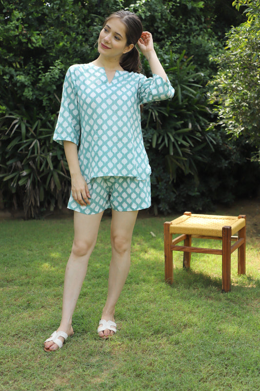 Snow Green Ikat Print Cotton Kurta Shorts Set