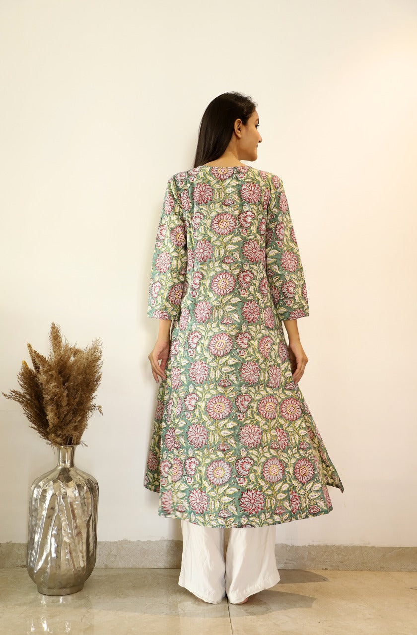 Kayra Hand block Printed Cotton Gathered Kurta