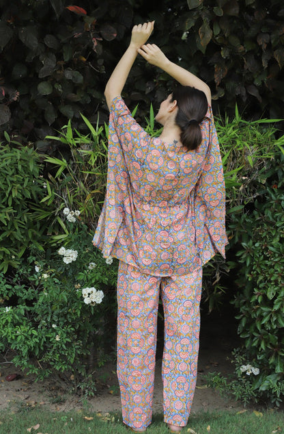 Swirling Hand Block Printed Cotton Kaftan Jammies 2 pc Set