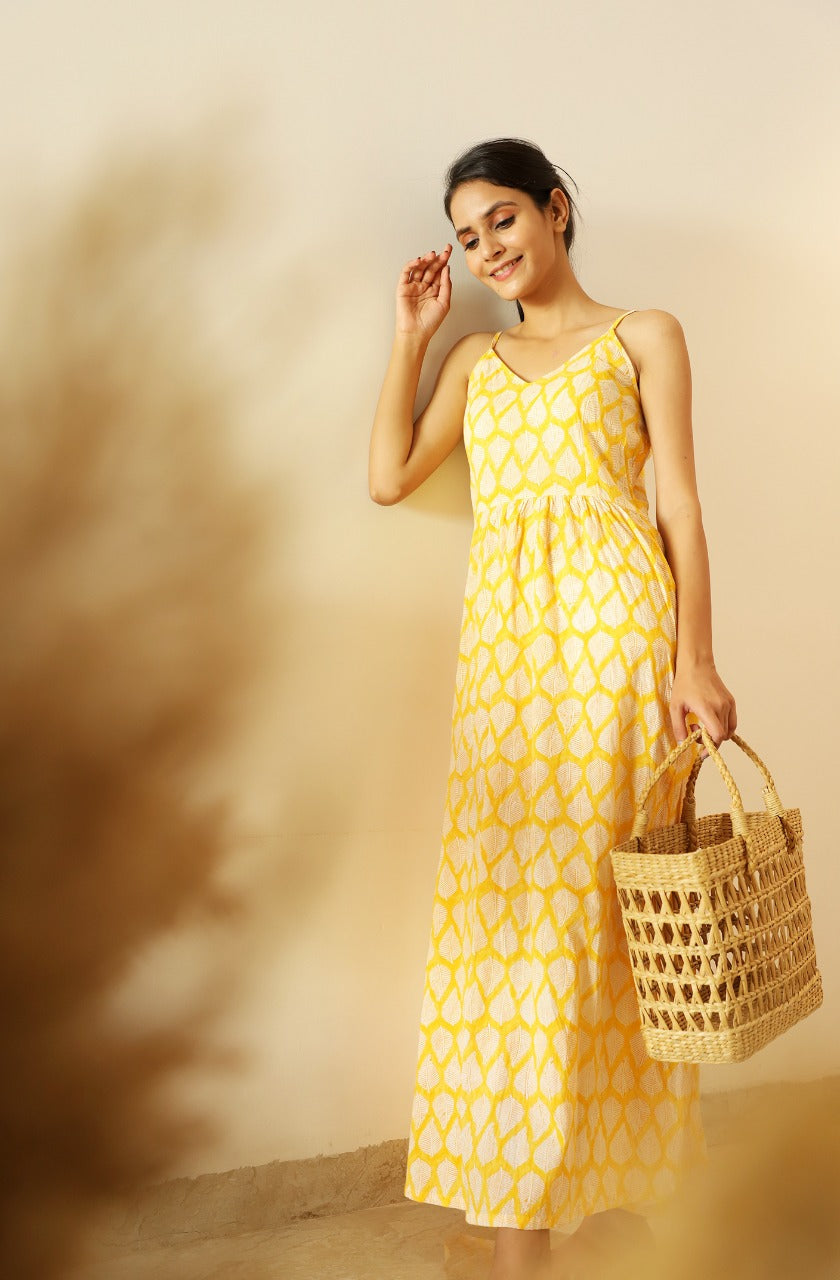 Macha Hand Block Printed Gathered Long dress