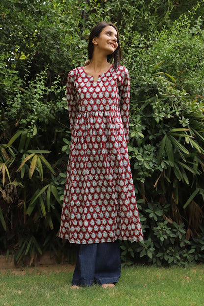 Hawthorne Rose Hand Block Long Gathered Kurta