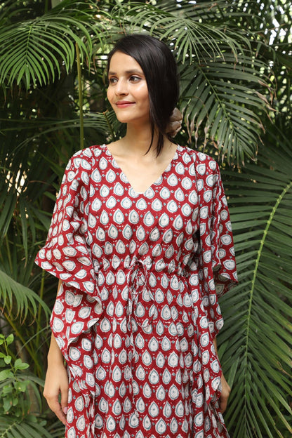 Autumn Bloom Hand Block Cotton Kaftan