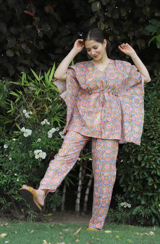 Swirling Hand Block Printed Cotton Kaftan Jammies 2 pc Set