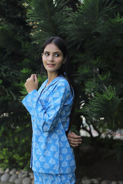 Aqua Soft Hand Block Printed cotton Full Jammies Set