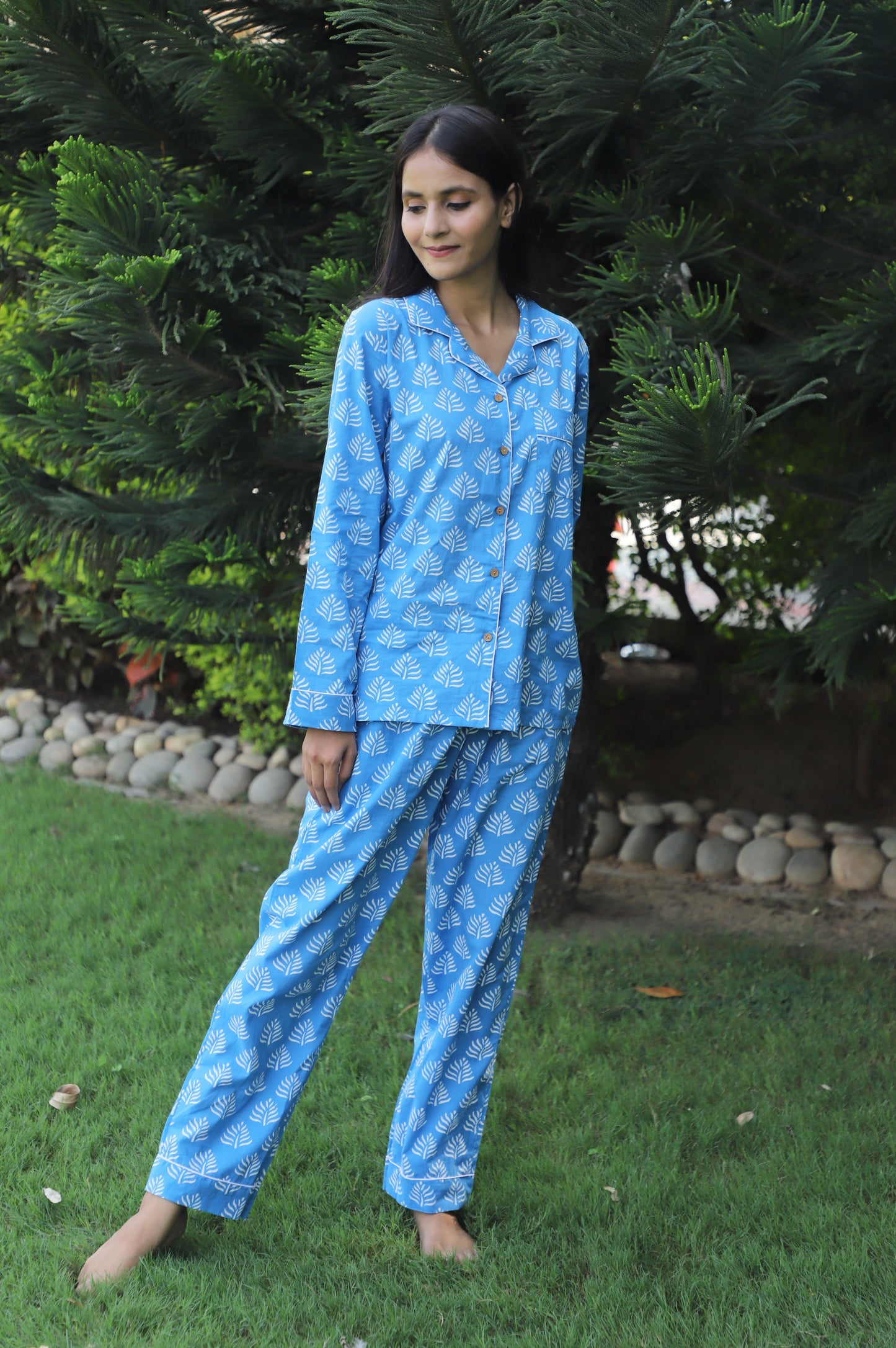 Aqua Soft Hand Block Printed cotton Full Jammies Set