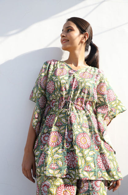 Laila Hand Block Printed Cotton Kaftan Jammies set