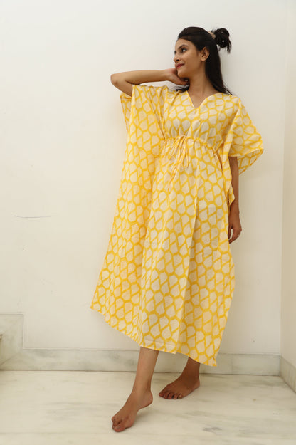 Light & Sunny Hand Block Printed Cotton Ankle Length Kaftan