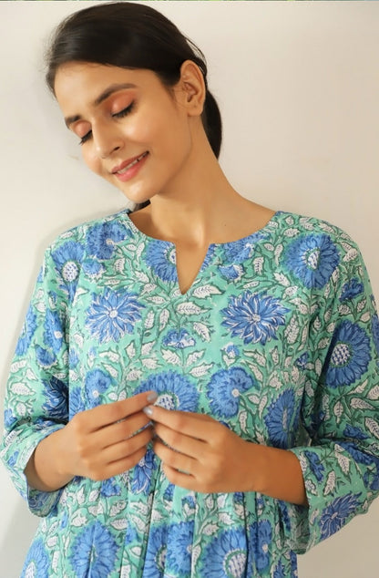 Arubani Hand Block Print Long Gathered Kurta