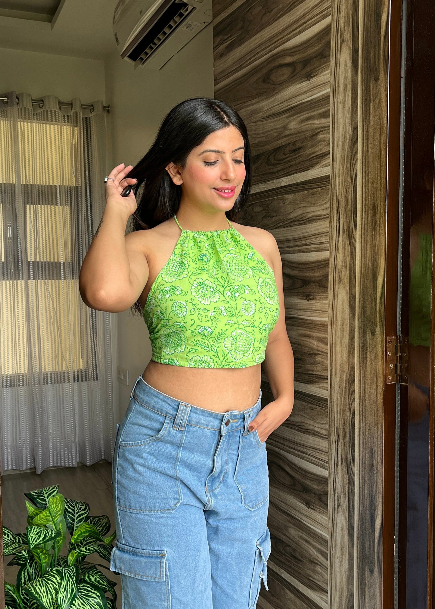 Cotton Halter Neck Top - Lime Green