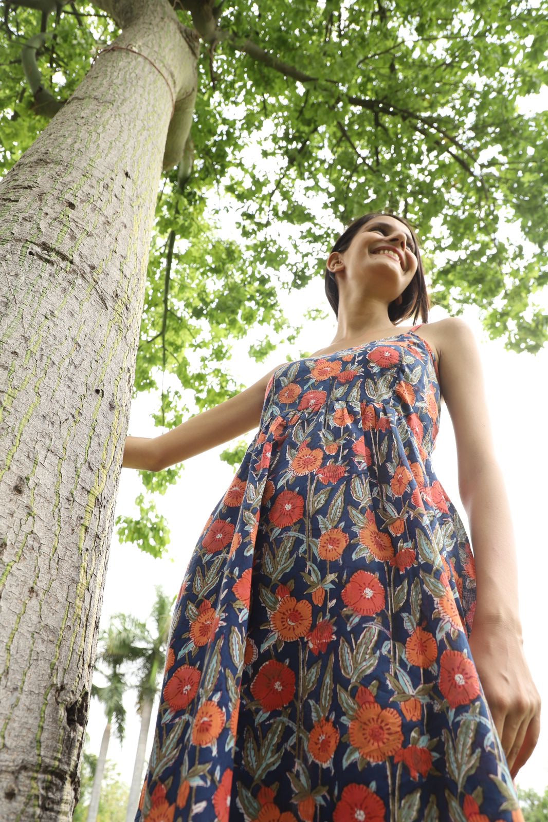 Blueberry Blue Handblock Print Gathered Dress