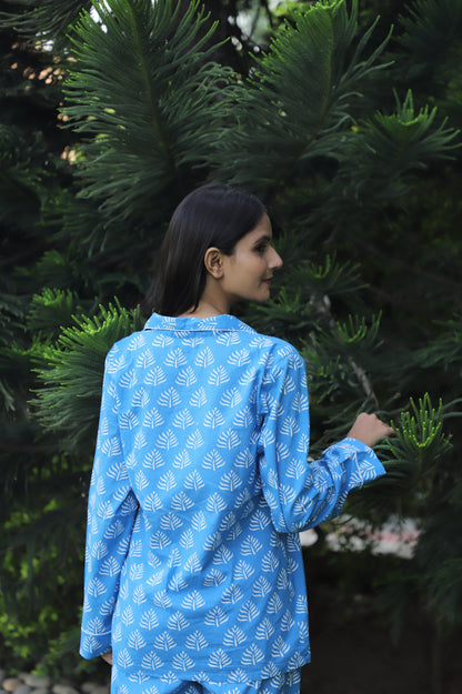 Aqua Soft Hand Block Printed cotton Full Jammies Set