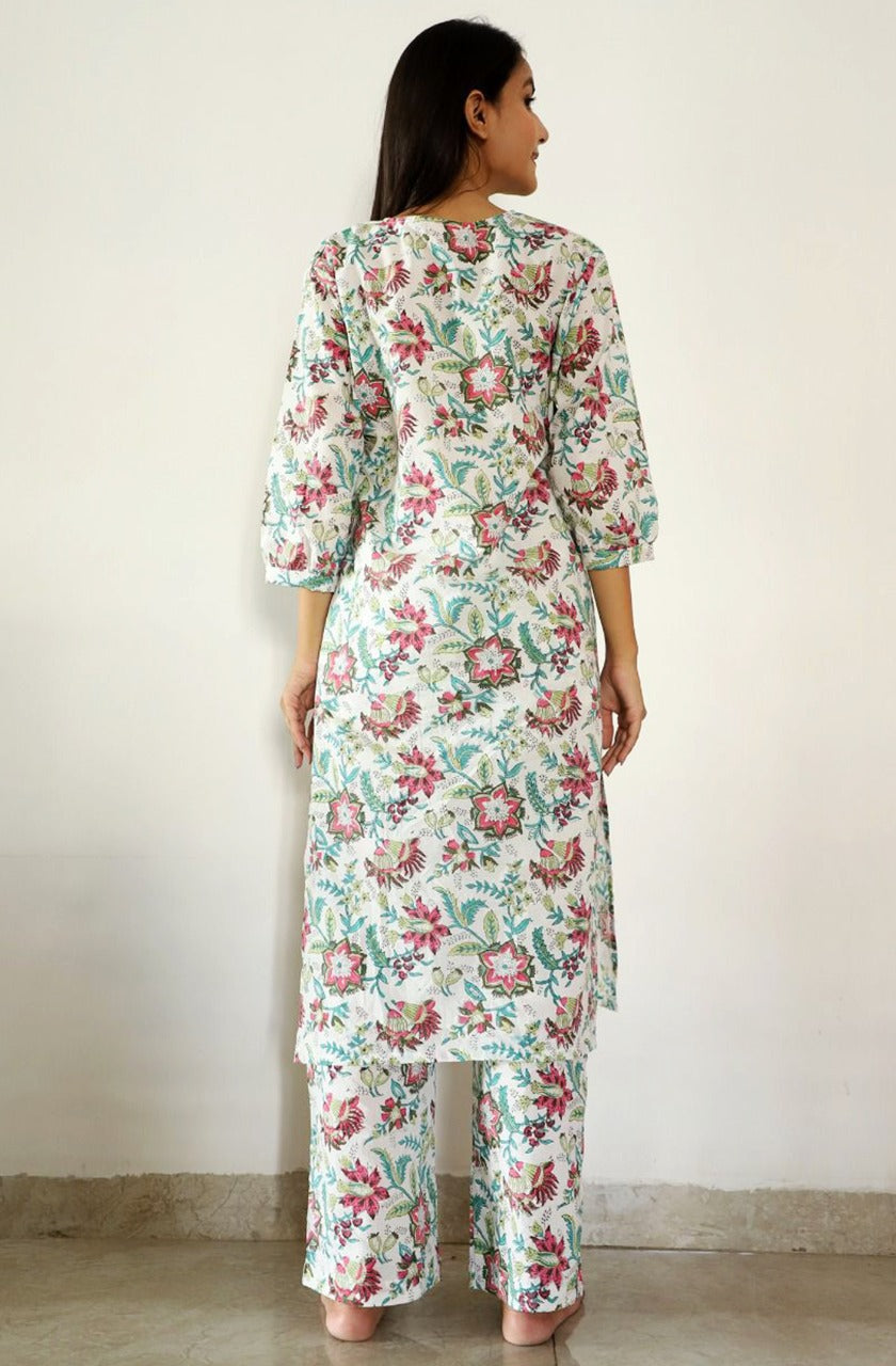 Blanched Hand Block Printed Long Kurta Pajamas