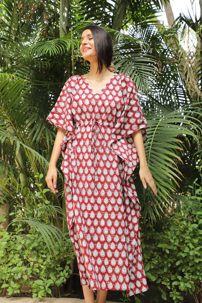 Autumn Bloom Hand Block Cotton Kaftan