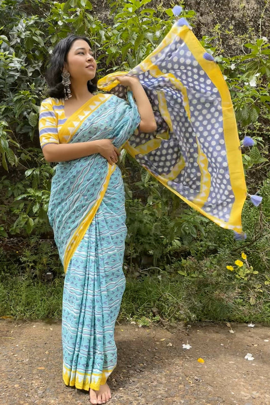 Sunbird Mul Cotton Blue Saree