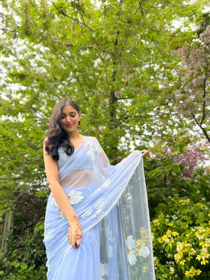 Ash Blue Half-Daisies Chiffon Saree