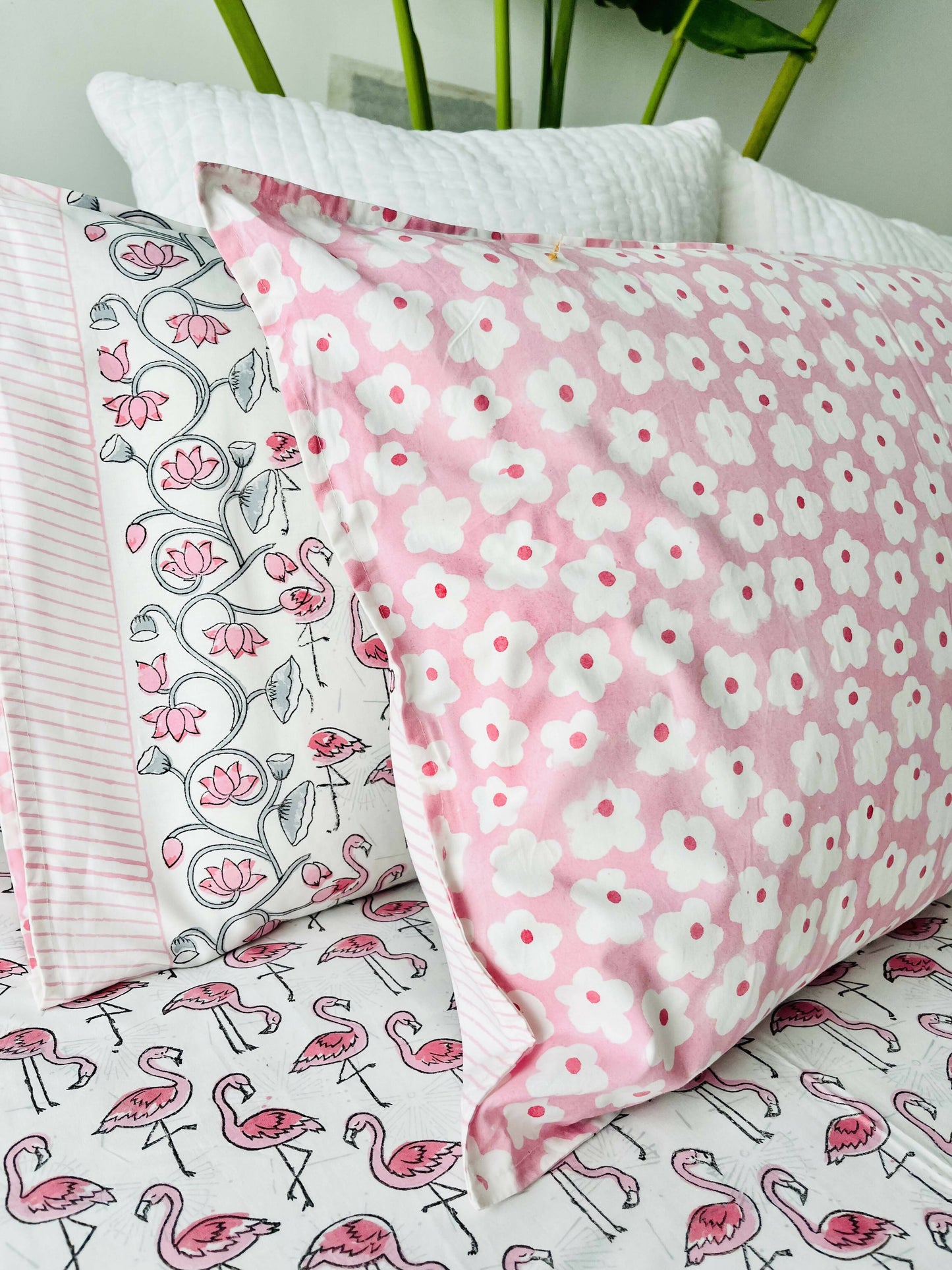 Flamingo Hand Block Printed Cotton Bedding Set