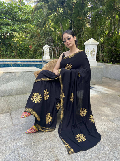 Black Viscose Crinkled Handpainted Saree