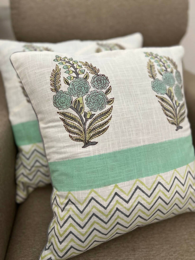 Slub Cotton Cushion Cover| Aqua Green Zig-Zag (Set of 2)