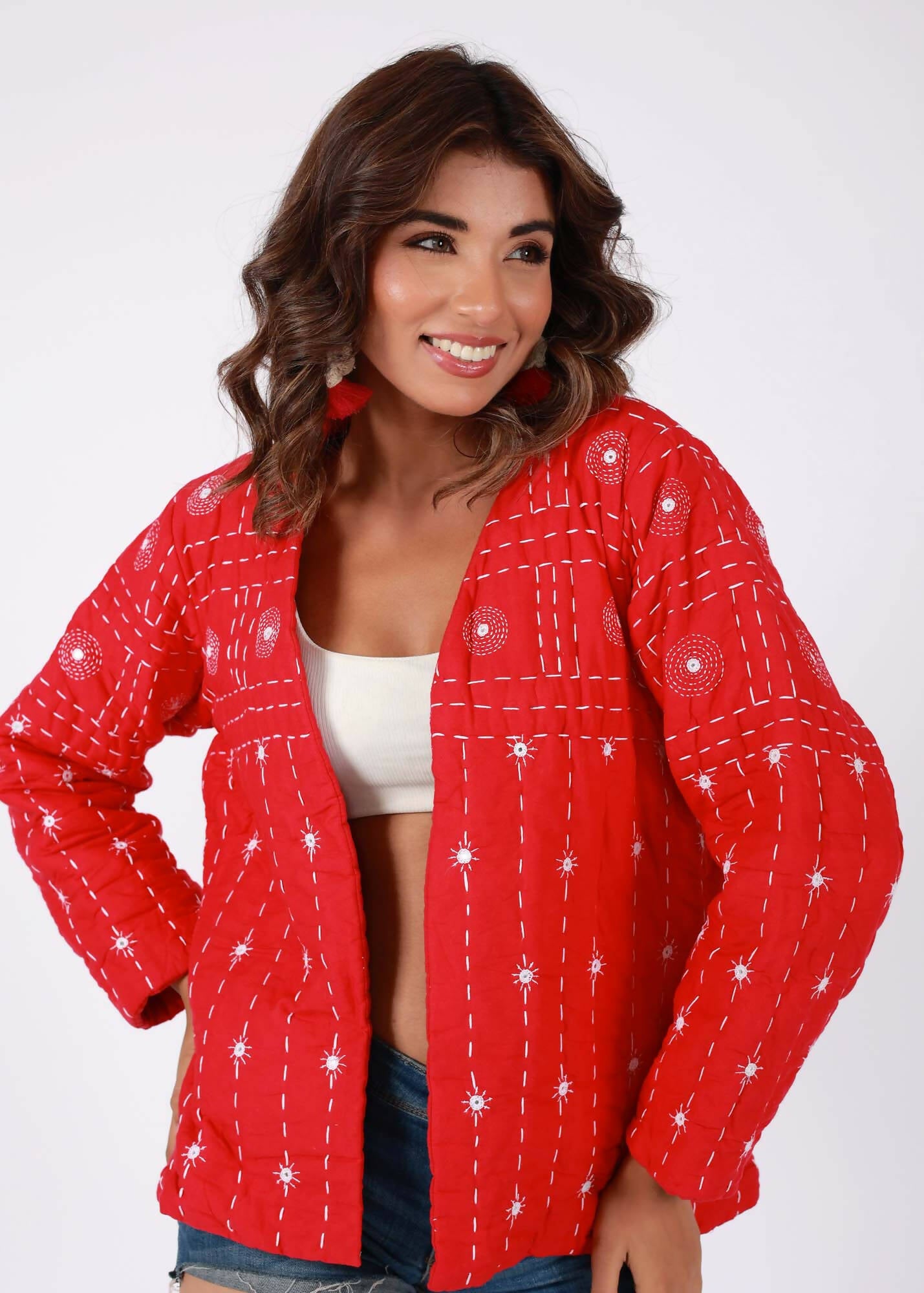 Red Hand Embroidered Thread Work Cotton Layered Jacket