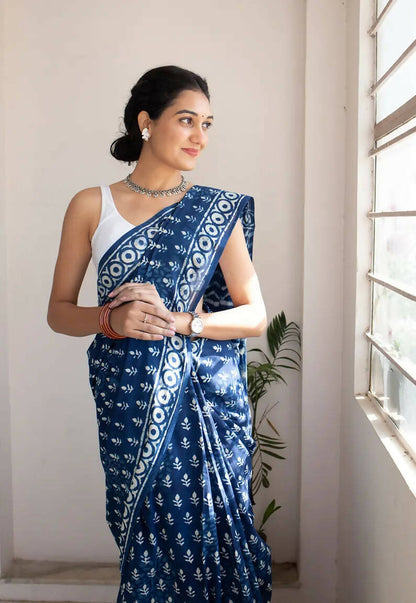 Bombay Indigo - Dabu Hand Block Print Mulmul Cotton Bagru Saree