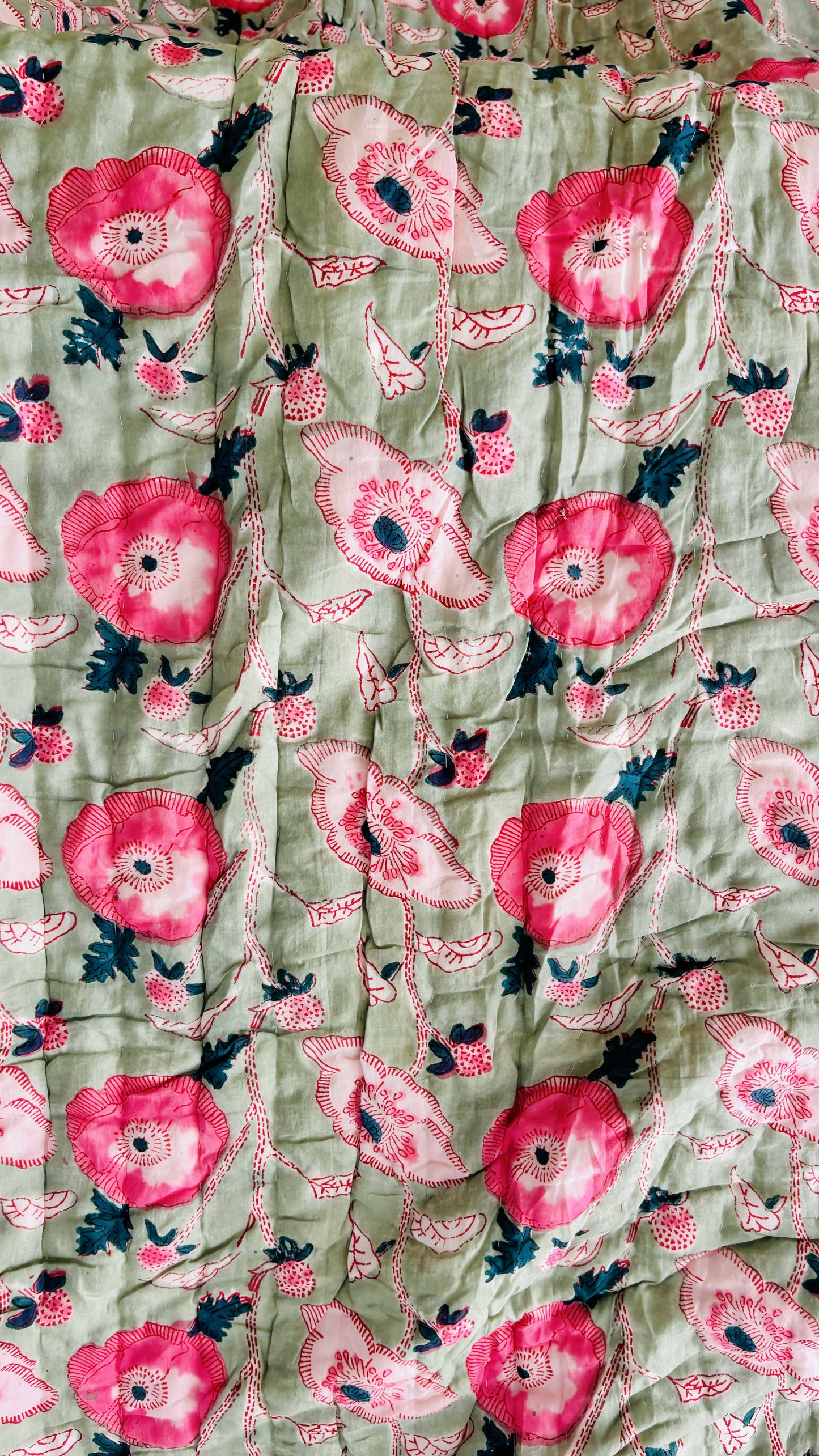 Tea Green Hand Block Print Reversible Quilt