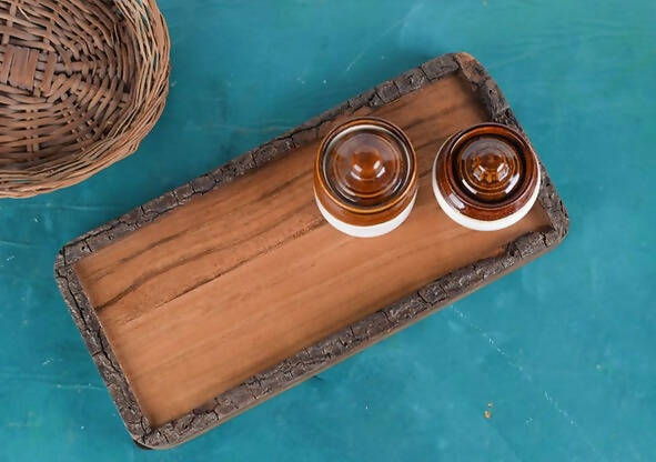 Serving Wooden Tray With Bark Finish