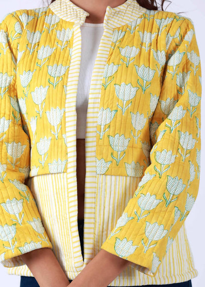 Cockatiel Handblock Printed Yellow Jacket