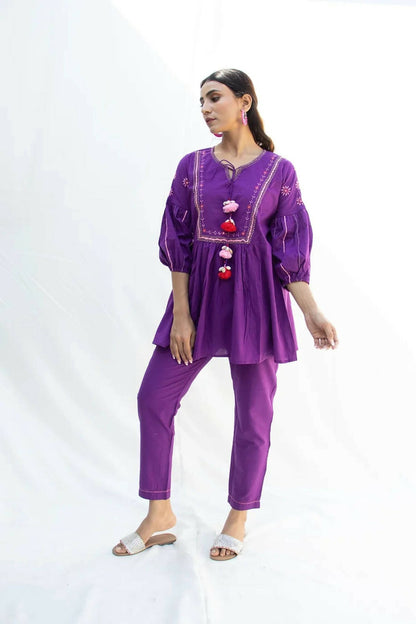 Ashira Purple Cotton Coord Set with Katha Embroidery