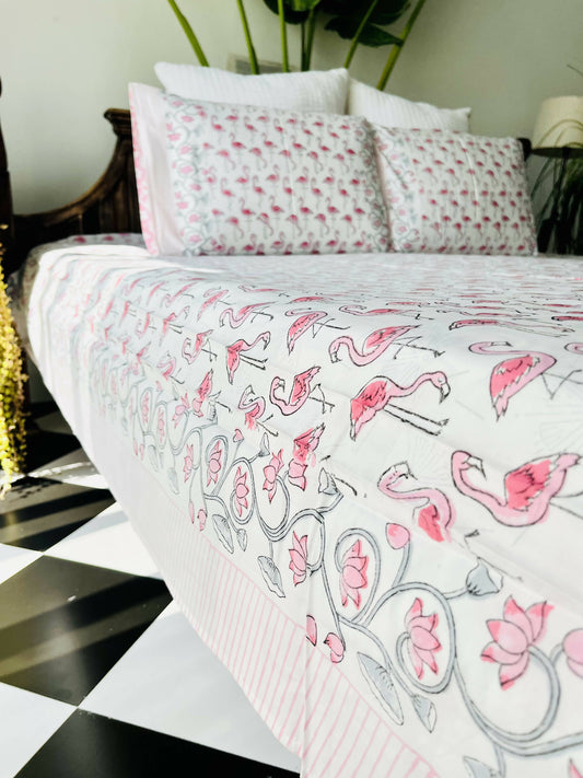 Flamingo Block Printed Cotton Bedsheet