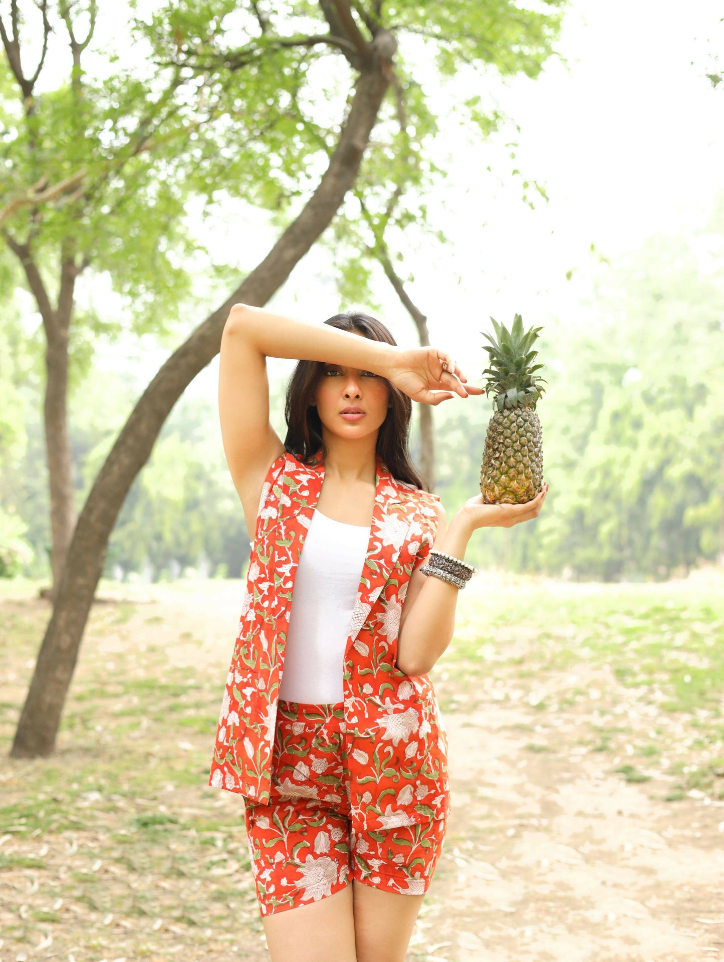 Orange Sleeveless Blazer & Shorts