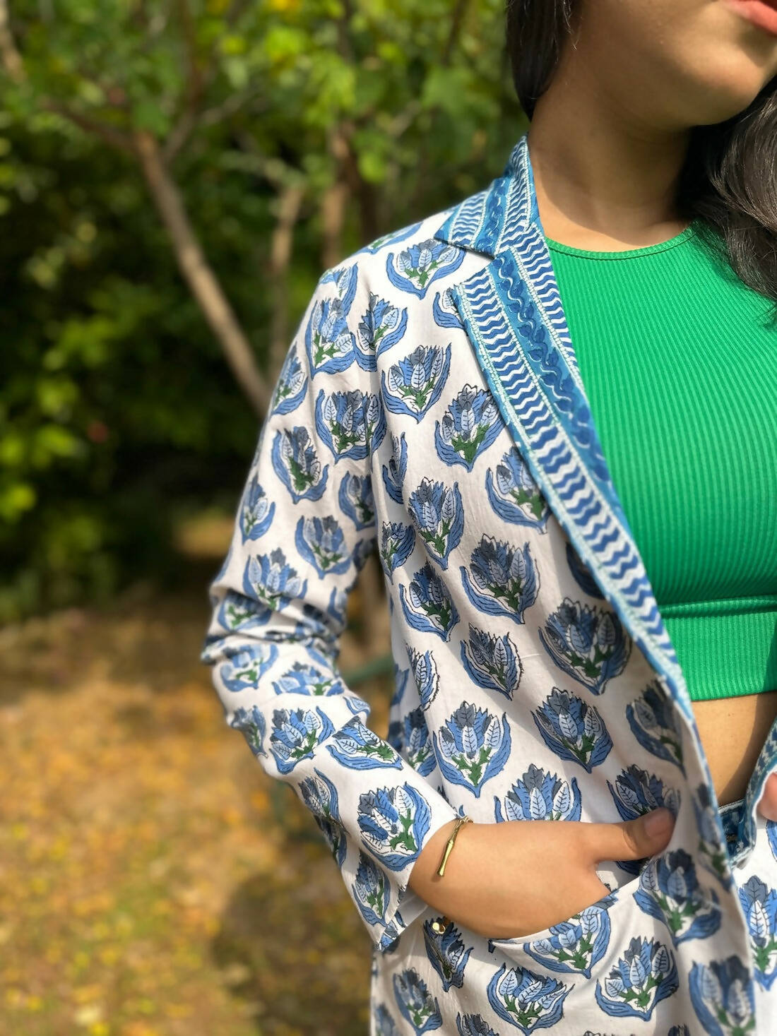 Floral Block Printed Blazer - Blue