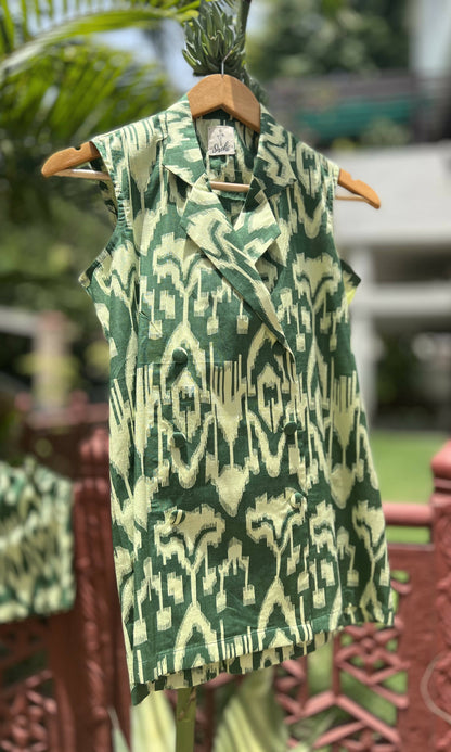 Pine Green Ikat Double Breasted Long Blazer - Shorts Set