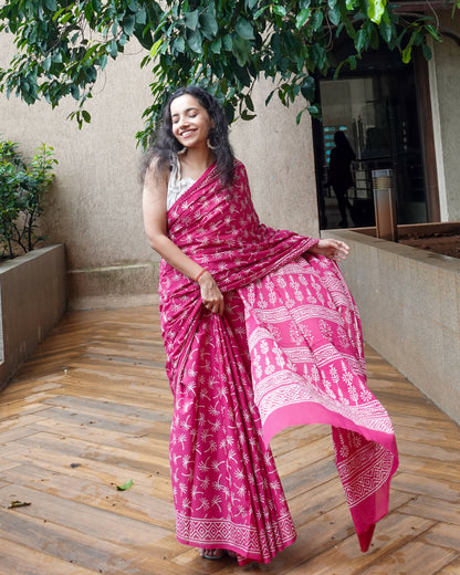 Dandelions in the Sky - Hand Block Print Mulmul Cotton Bagru Saree