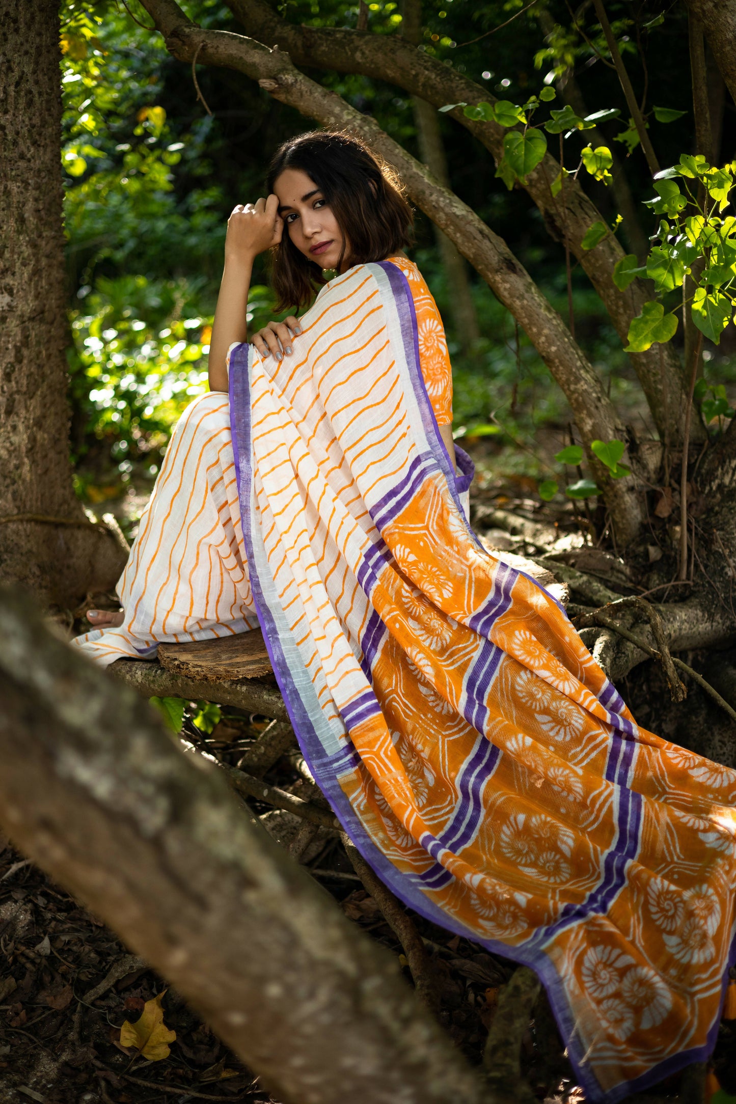 Caracol Orange & Lilac Linen Saree