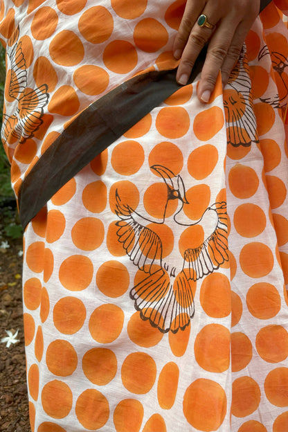 Hornbill Mul Cotton Orange Saree