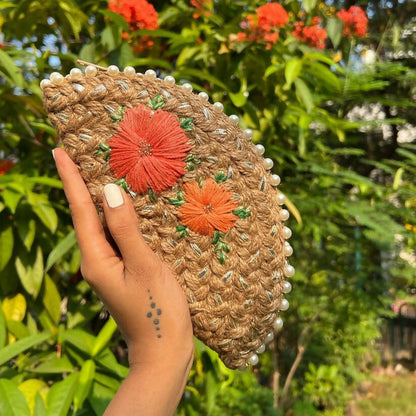 Dual Flower Embroidered Half Moon Clutch