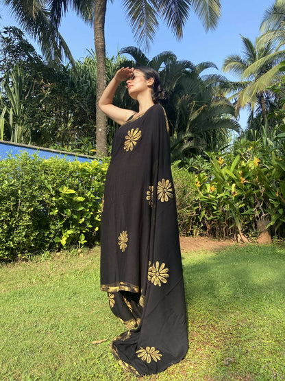 Black Viscose Crinkled Handpainted Saree