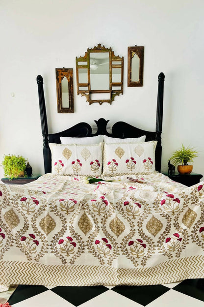 Rose Lily Handblock Printed Jacquard Bedcover