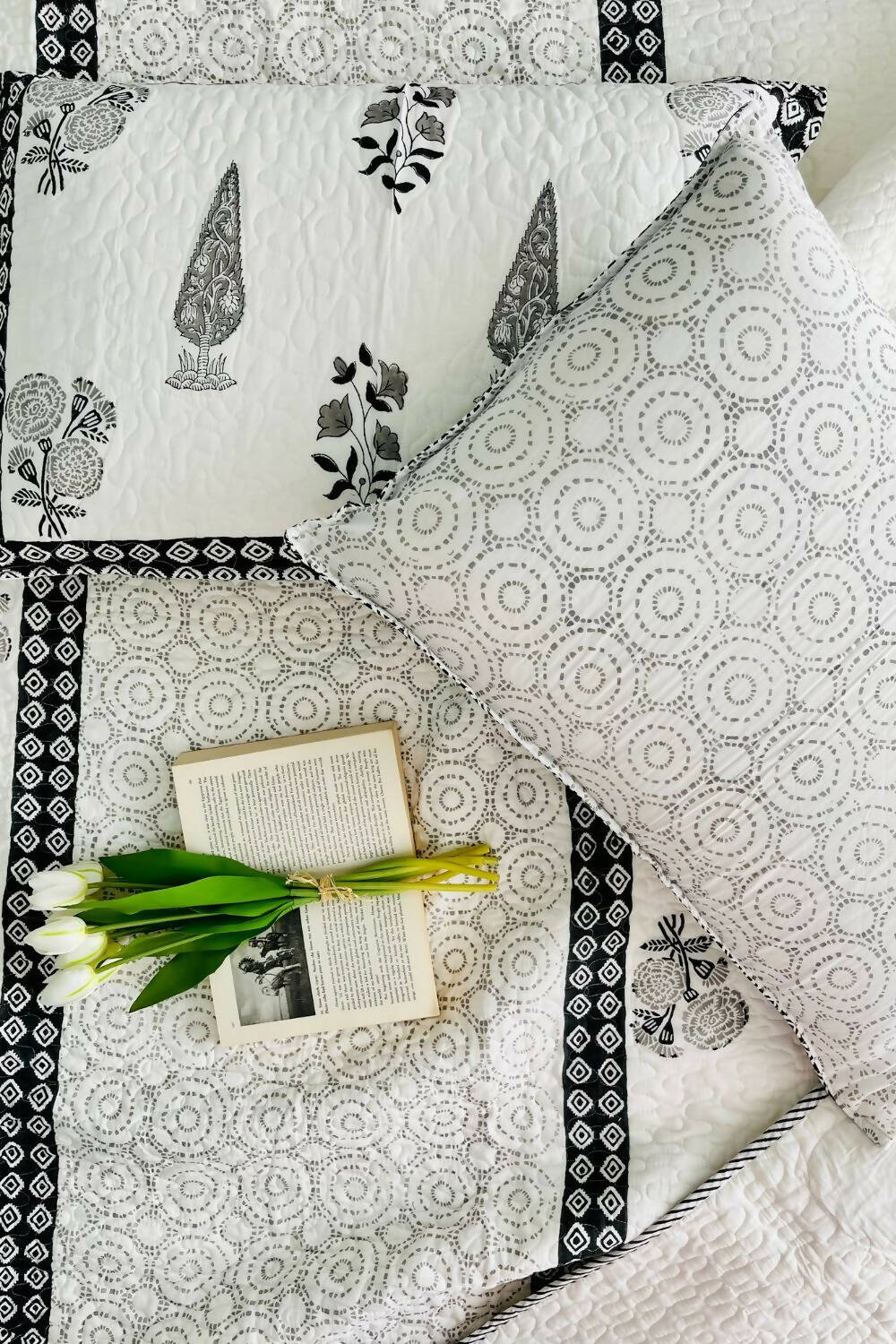 Black Cyprus Handblock Printed Quilted Bedcover