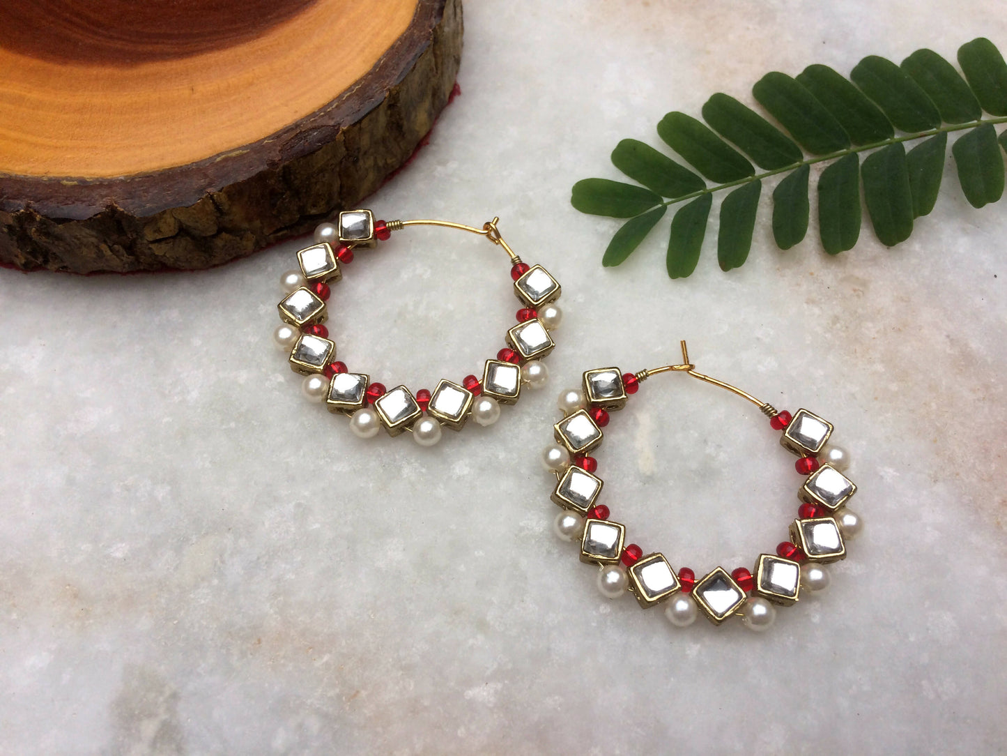 Square Kundan Beaded Hoops