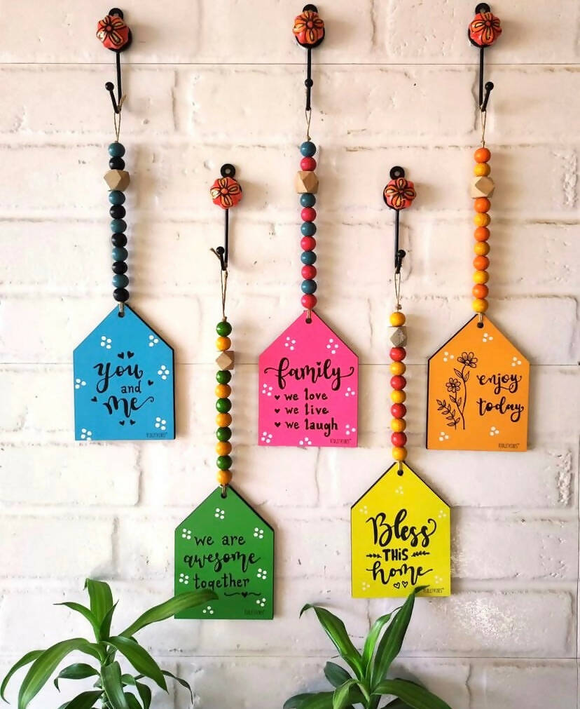 Beaded Wooden Huts With Ceramic Hooks - Set Of 5