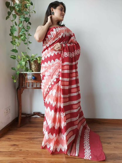 Enchanted Waves Red Mul Cotton Hand Block Printed Saree