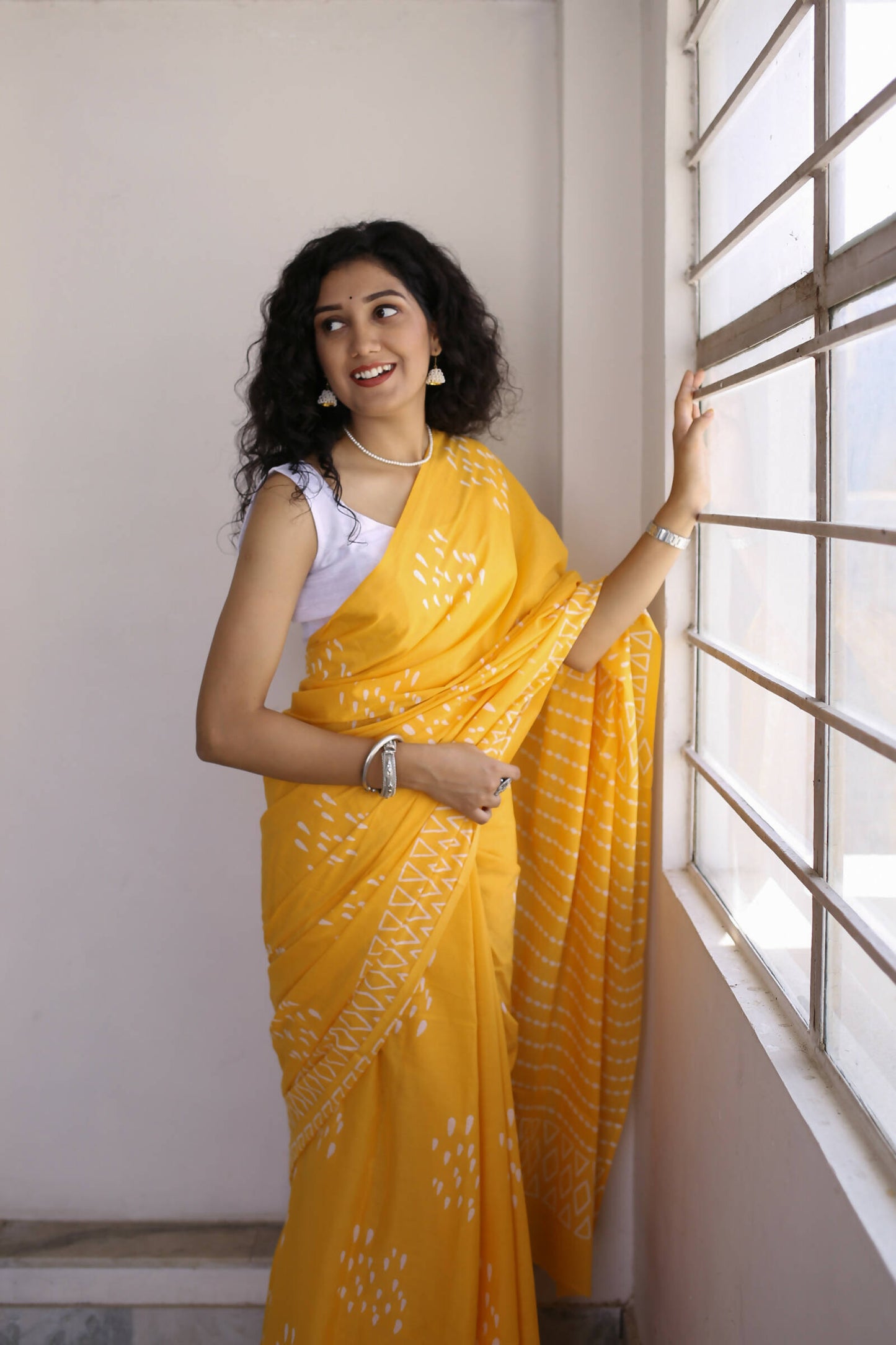 Drizzle in Backyard - Hand Block Print Mulmul Cotton Bagru Saree