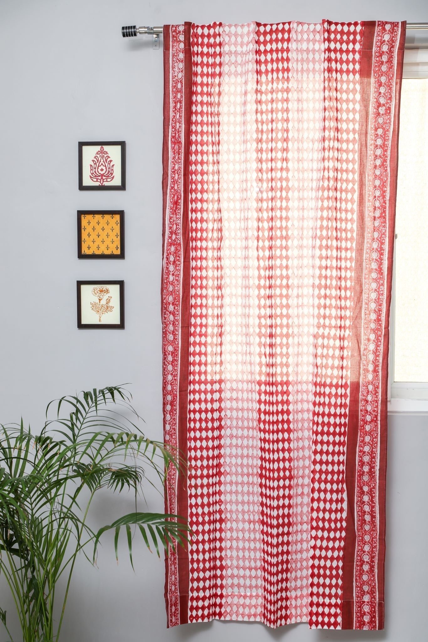 Artistic Red Illusions Handblock Printed Cotton Door Curtain